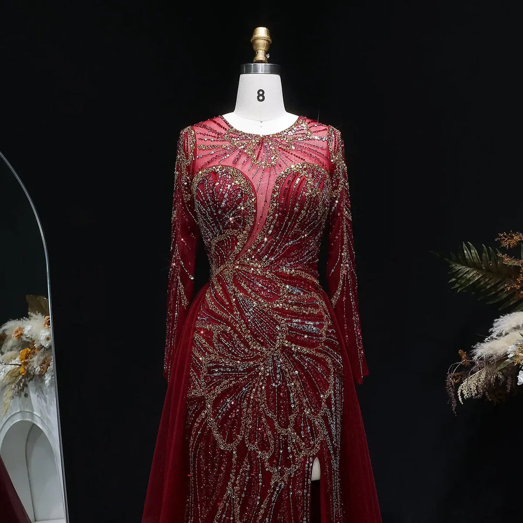 Luxury Wine Red Crystal Embellished Slit Evening Dress with Overskirt SS160