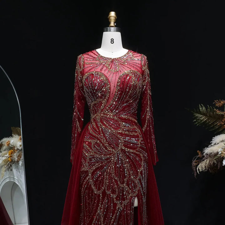 Luxury Wine Red Crystal Embellished Slit Evening Dress with Overskirt SS160