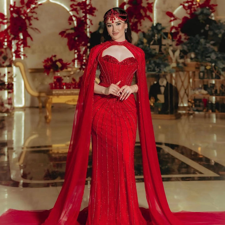 Shimmering Beaded Evening Dress with Cape Train SS156