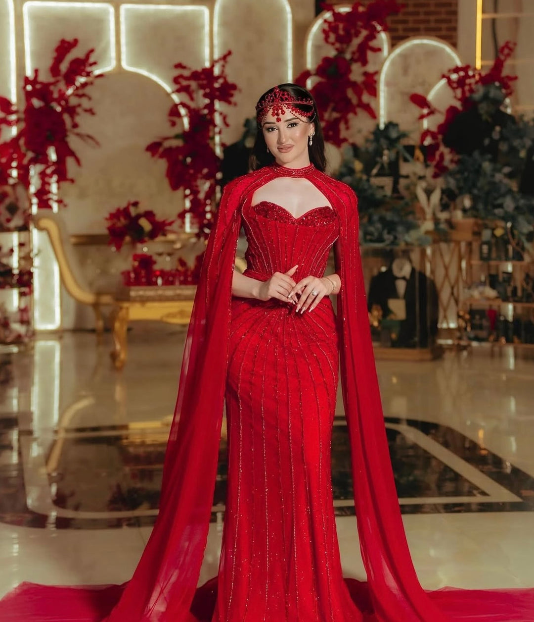 Shimmering Beaded Evening Dress with Cape Train SS156