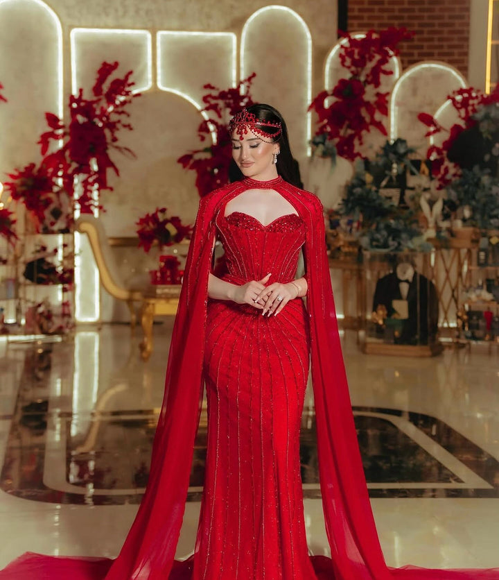 Shimmering Beaded Evening Dress with Cape Train SS156