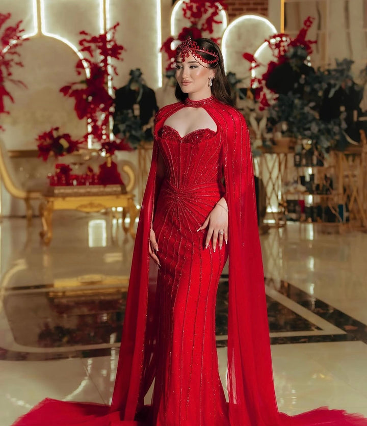 Shimmering Beaded Evening Dress with Cape Train SS156