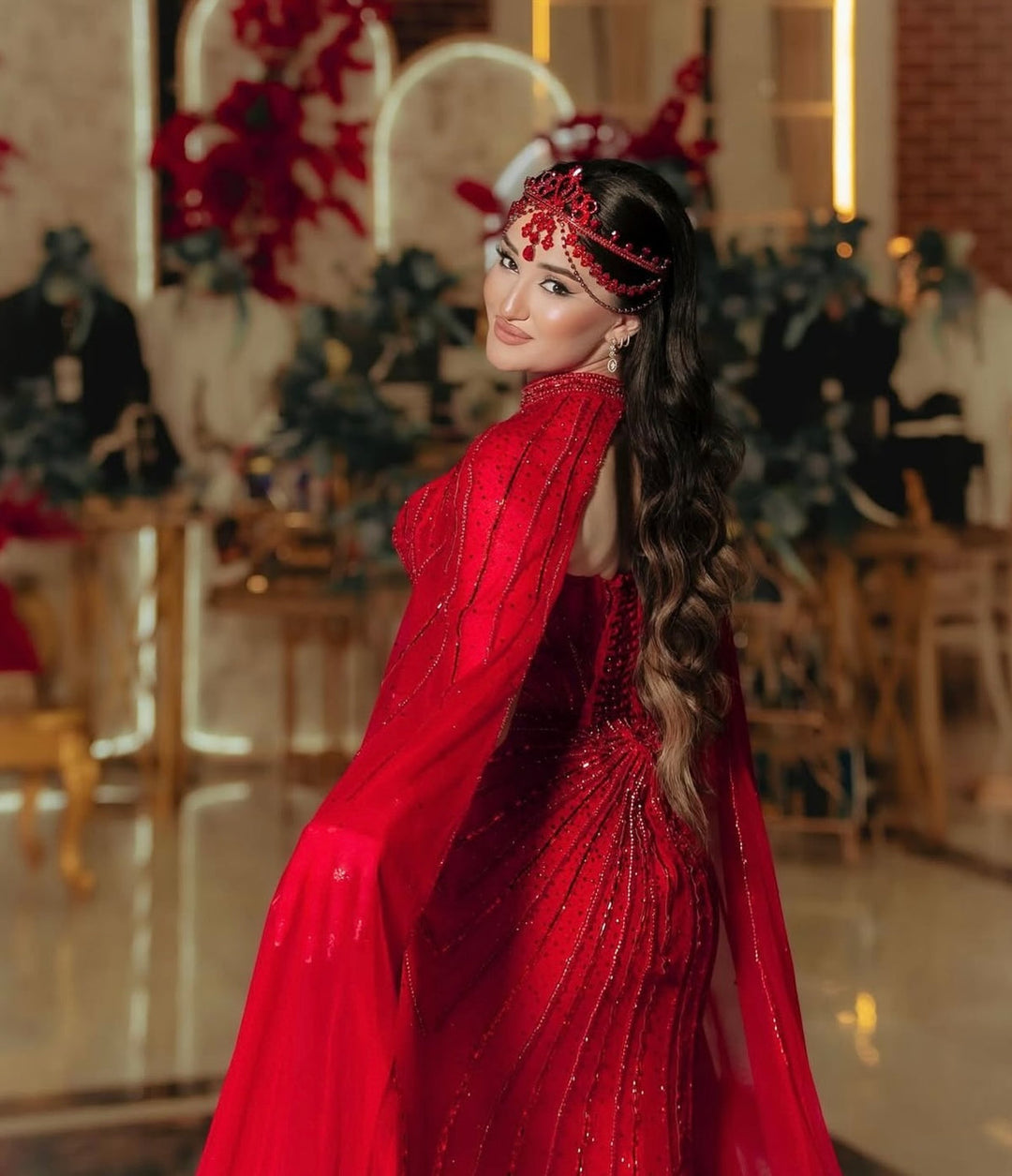 Shimmering Beaded Evening Dress with Cape Train SS156