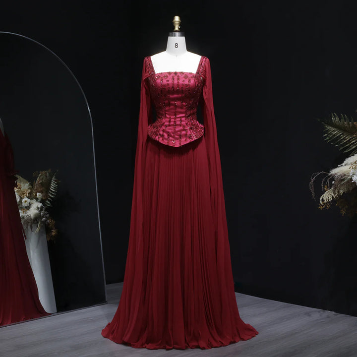 Luxury Red Beaded Corset Flowing Cape Sleeves Evening Dress SS349