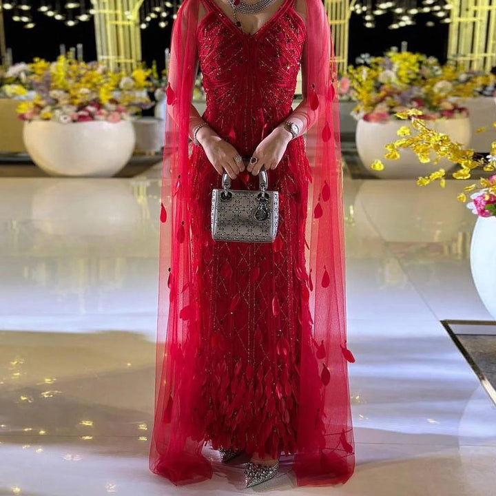 Glamorous Wine Red Feather Beaded Evening Dress Flowing Cape SS283