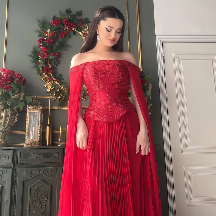 Luxury Red Beaded Corset Flowing Cape Sleeves Evening Dress SS349