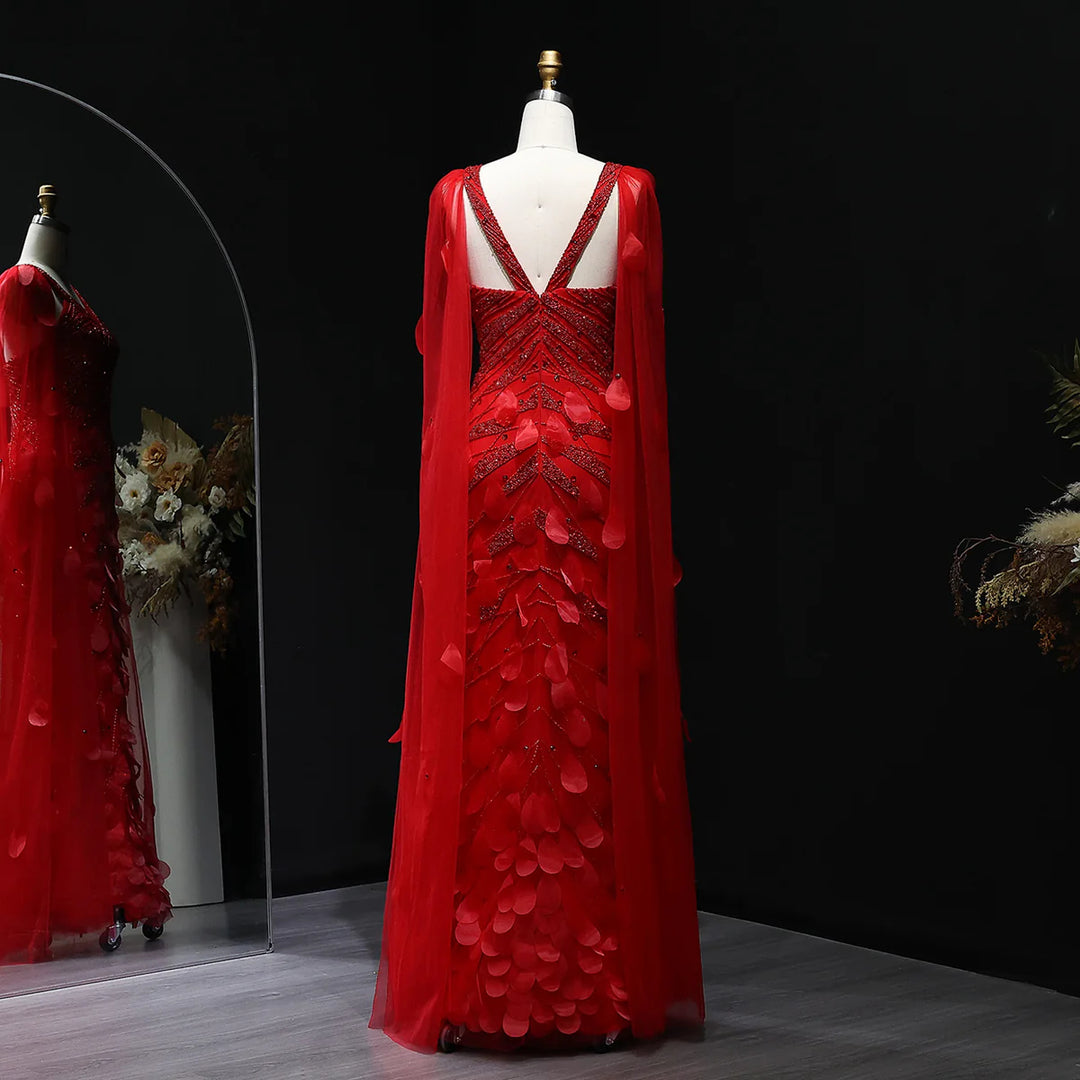 Glamorous Wine Red Feather Beaded Evening Dress Flowing Cape SS283