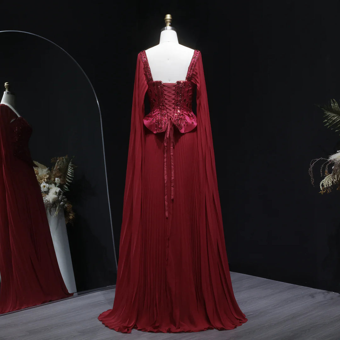 Luxury Red Beaded Corset Flowing Cape Sleeves Evening Dress SS349