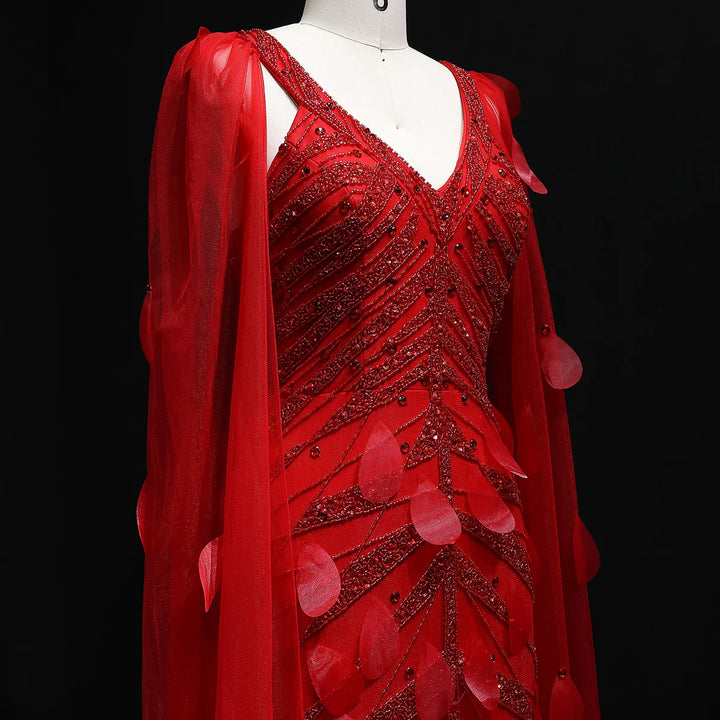 Glamorous Wine Red Feather Beaded Evening Dress Flowing Cape SS283