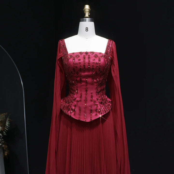 Luxury Red Beaded Corset Flowing Cape Sleeves Evening Dress SS349