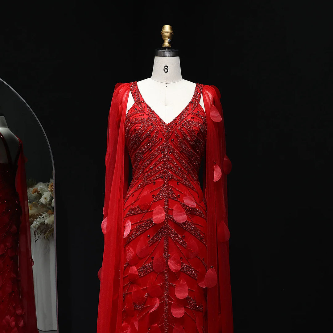 Glamorous Wine Red Feather Beaded Evening Dress Flowing Cape SS283