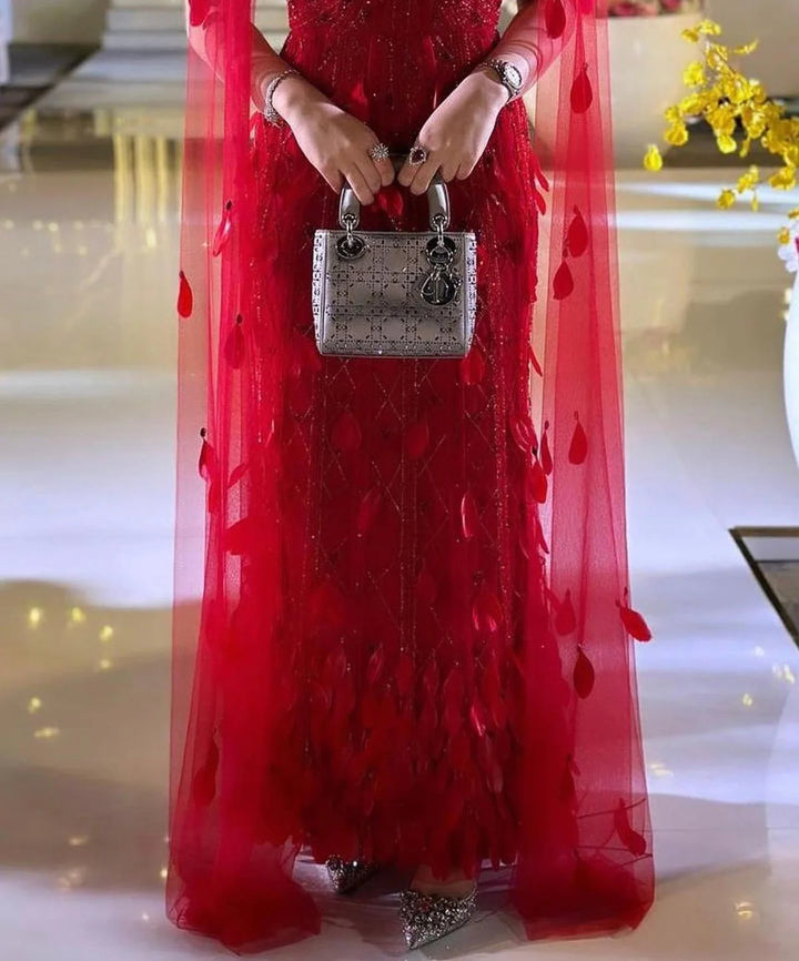 Glamorous Wine Red Feather Beaded Evening Dress Flowing Cape SS283