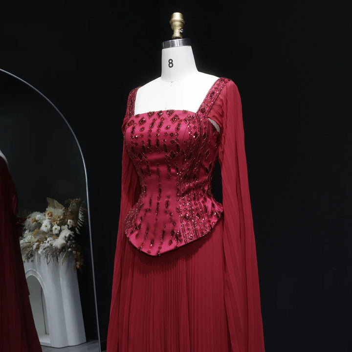 Luxury Red Beaded Corset Flowing Cape Sleeves Evening Dress SS349