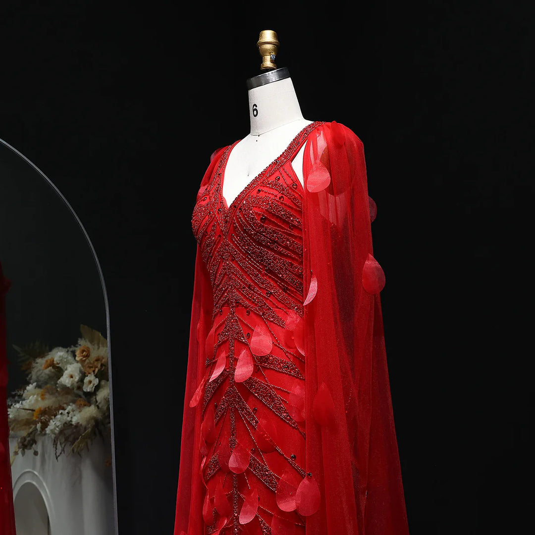 Glamorous Wine Red Feather Beaded Evening Dress Flowing Cape SS283