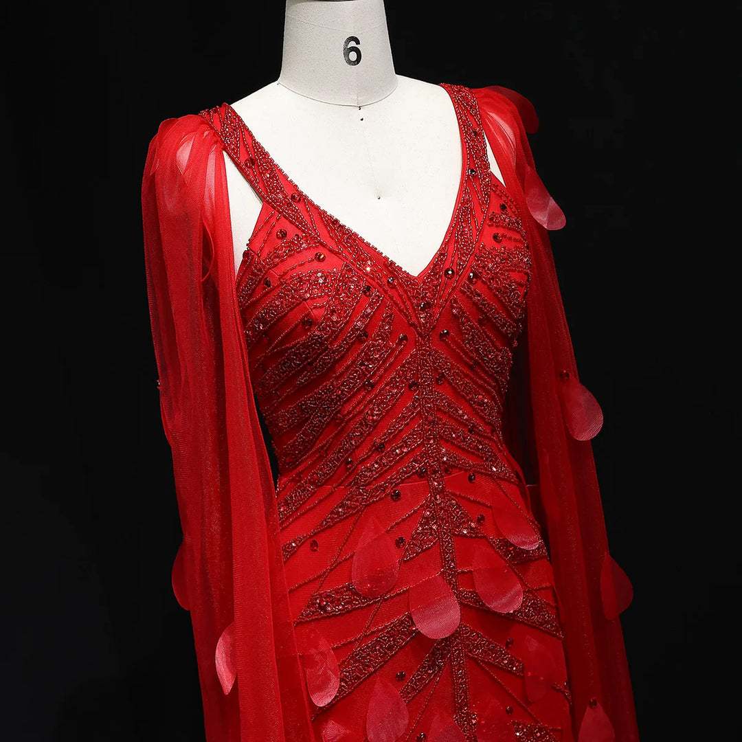 Glamorous Wine Red Feather Beaded Evening Dress Flowing Cape SS283