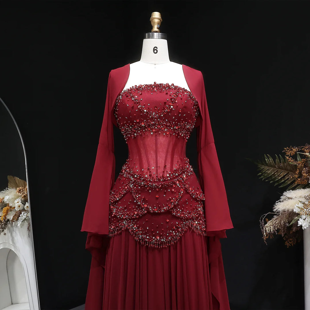 Luxury Pearls Tassel Blue Evening Dress with Flowing coat SS286