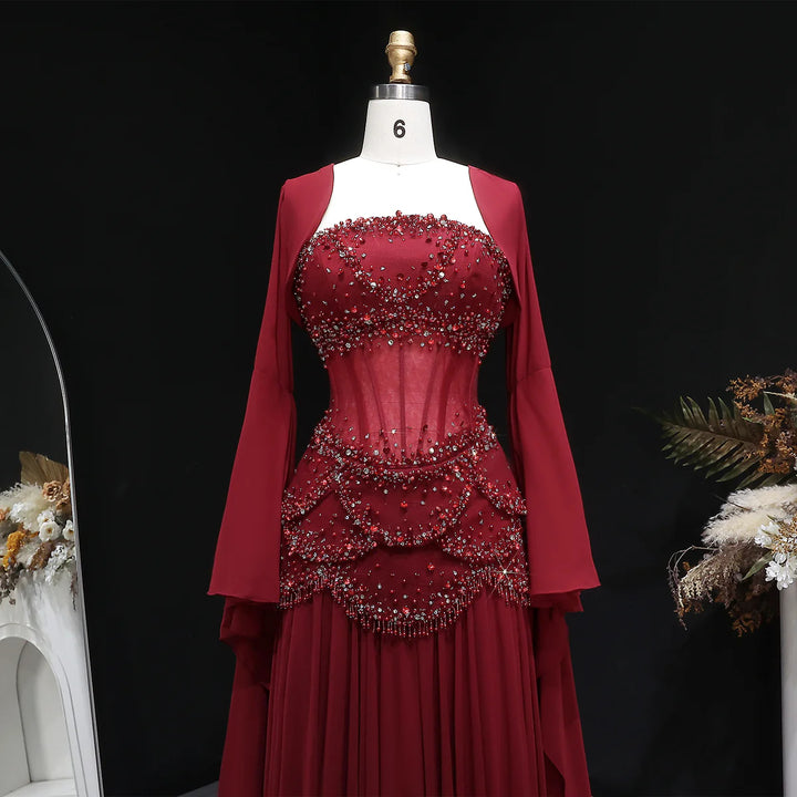 Luxury Pearls Tassel Blue Evening Dress with Flowing coat SS286