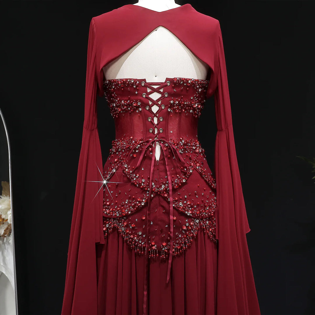 Luxury Pearls Tassel Blue Evening Dress with Flowing coat SS286