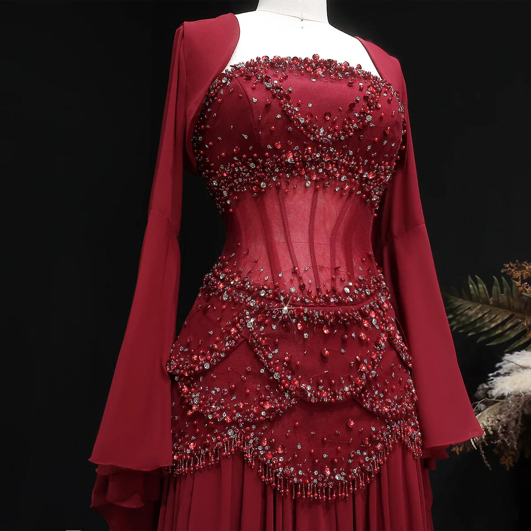 Luxury Pearls Tassel Blue Evening Dress with Flowing coat SS286