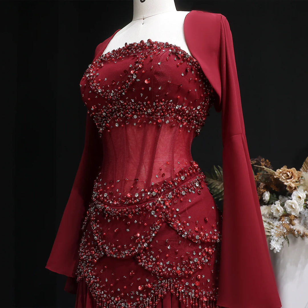 Luxury Pearls Tassel Blue Evening Dress with Flowing coat SS286