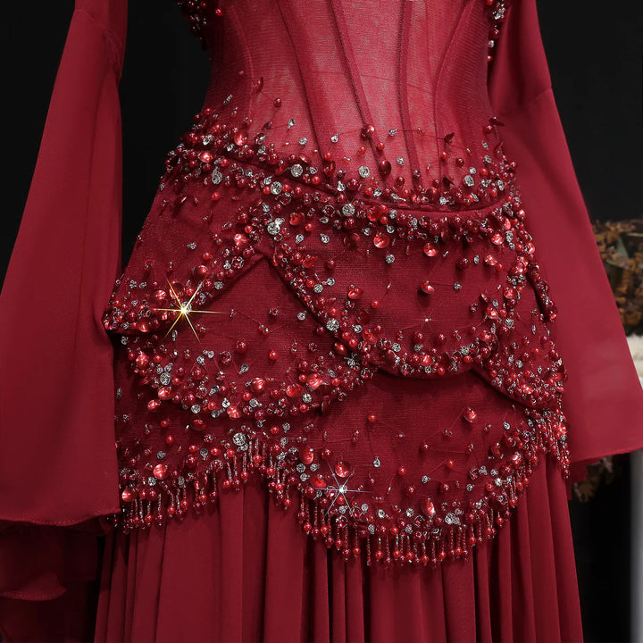 Luxury Pearls Tassel Blue Evening Dress with Flowing coat SS286