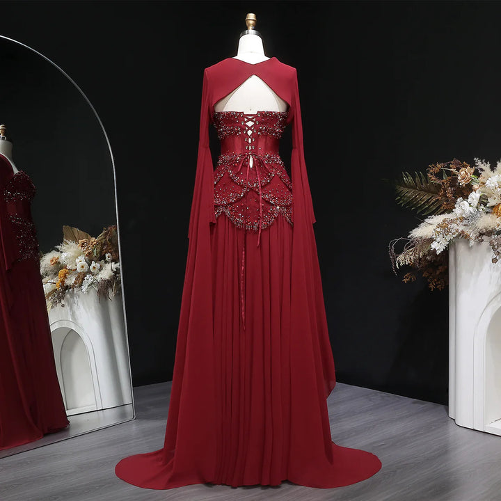 Luxury Pearls Tassel Blue Evening Dress with Flowing coat SS286