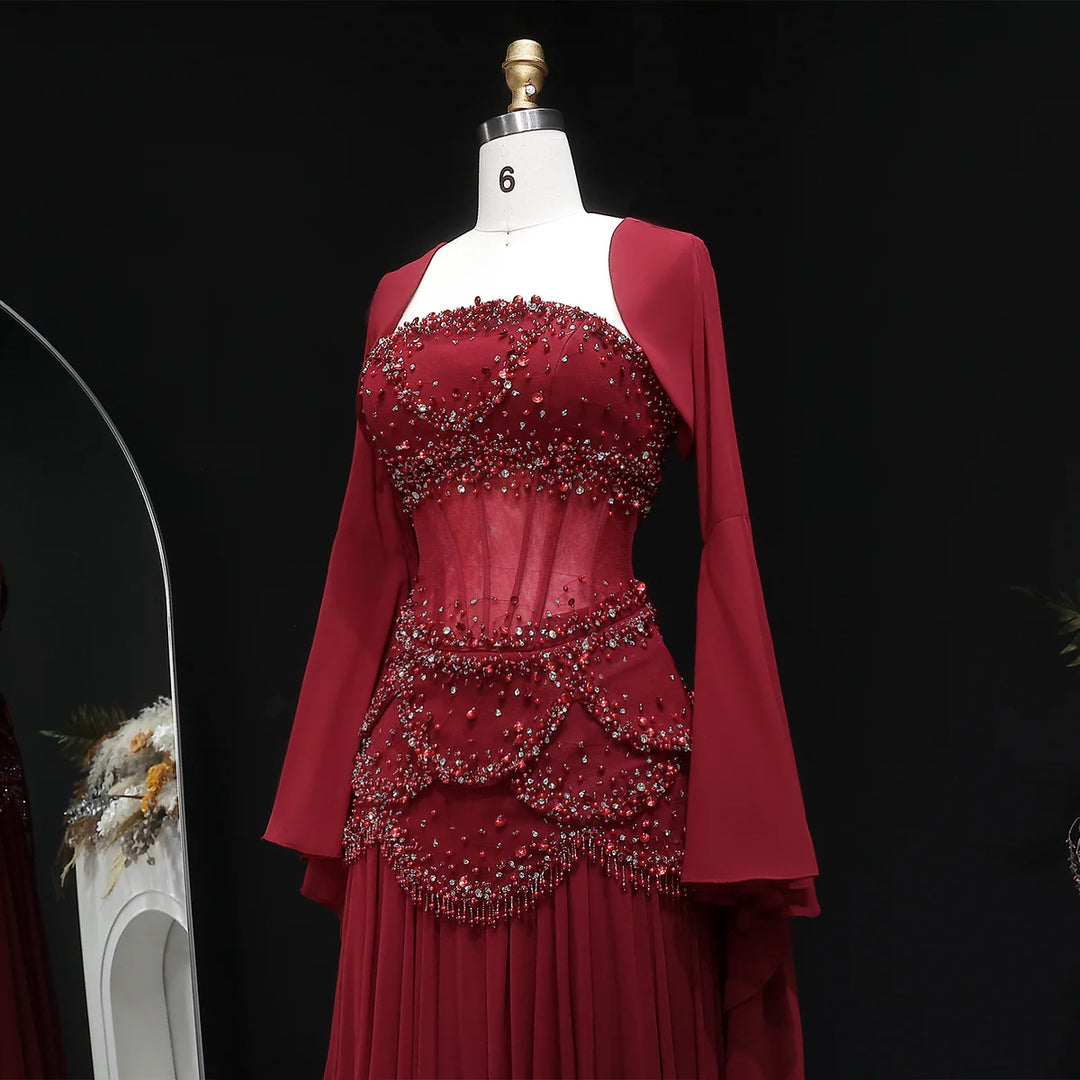 Luxury Pearls Tassel Blue Evening Dress with Flowing coat SS286