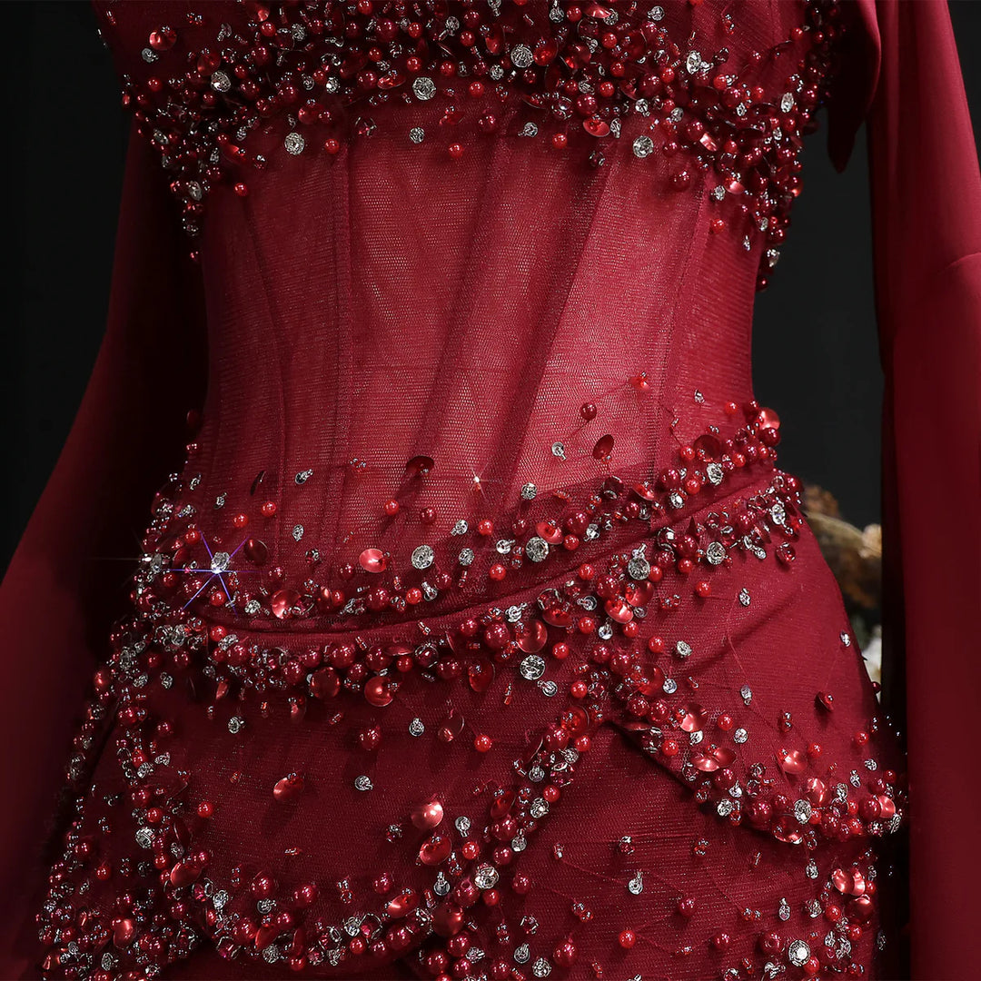 Luxury Pearls Tassel Blue Evening Dress with Flowing coat SS286