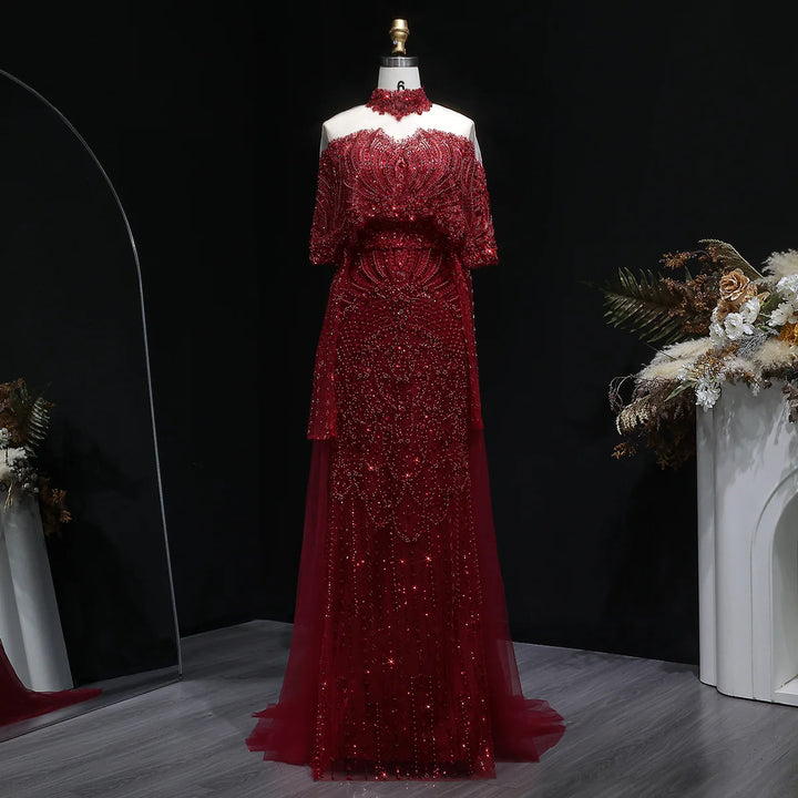 Luxury Gray Dubai Evening Gown with Detachable Overskirt SS557