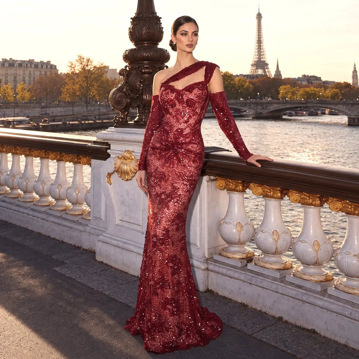 Dreamy Vow Wine Red Asymmetric Sequin Mermaid Evening Gown SS623