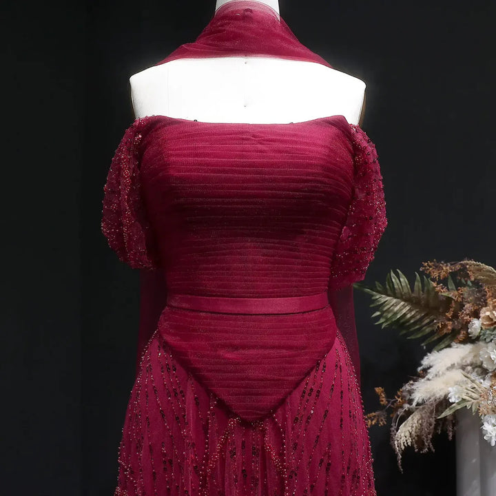 Romantic Beaded Pink Off Shoulder Evening Dress with Scarf SS766