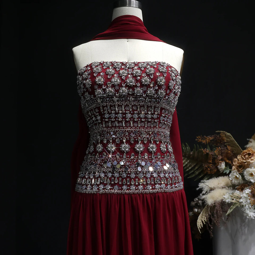 Strapless Lilac Beaded Bodice Evening Dress with Flowing Skirt SS539