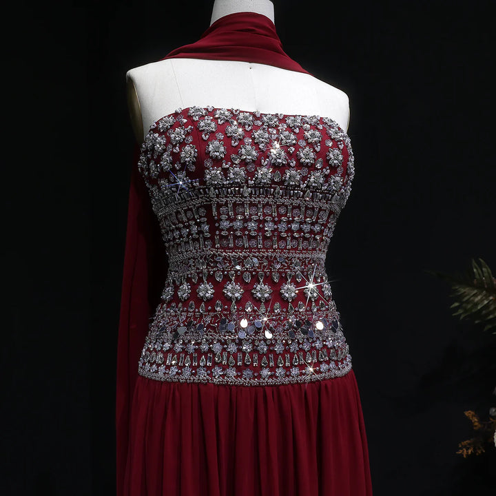 Strapless Lilac Beaded Bodice Evening Dress with Flowing Skirt SS539