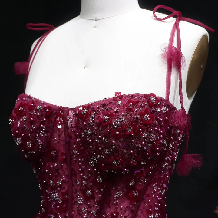 Delicate Pink 3D Floral Spaghetti Evening Dress SS701