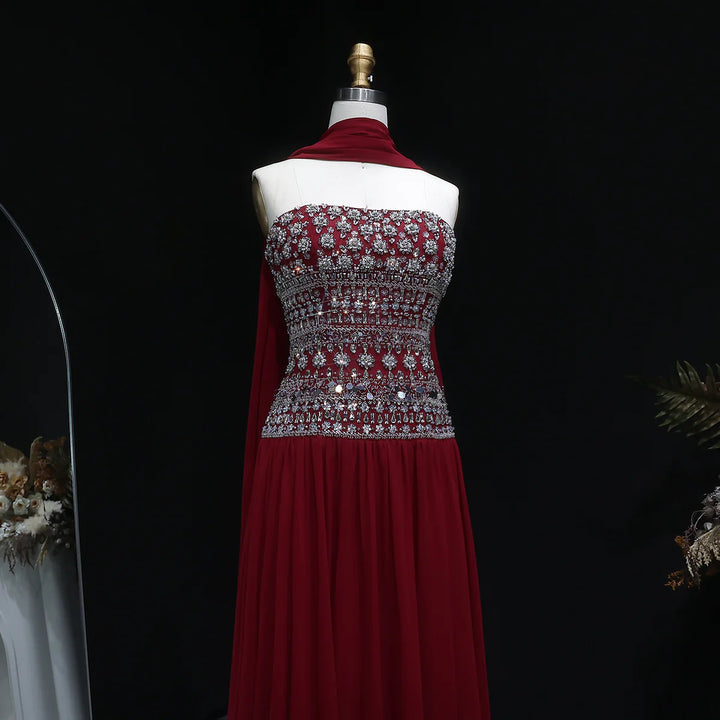 Strapless Lilac Beaded Bodice Evening Dress with Flowing Skirt SS539