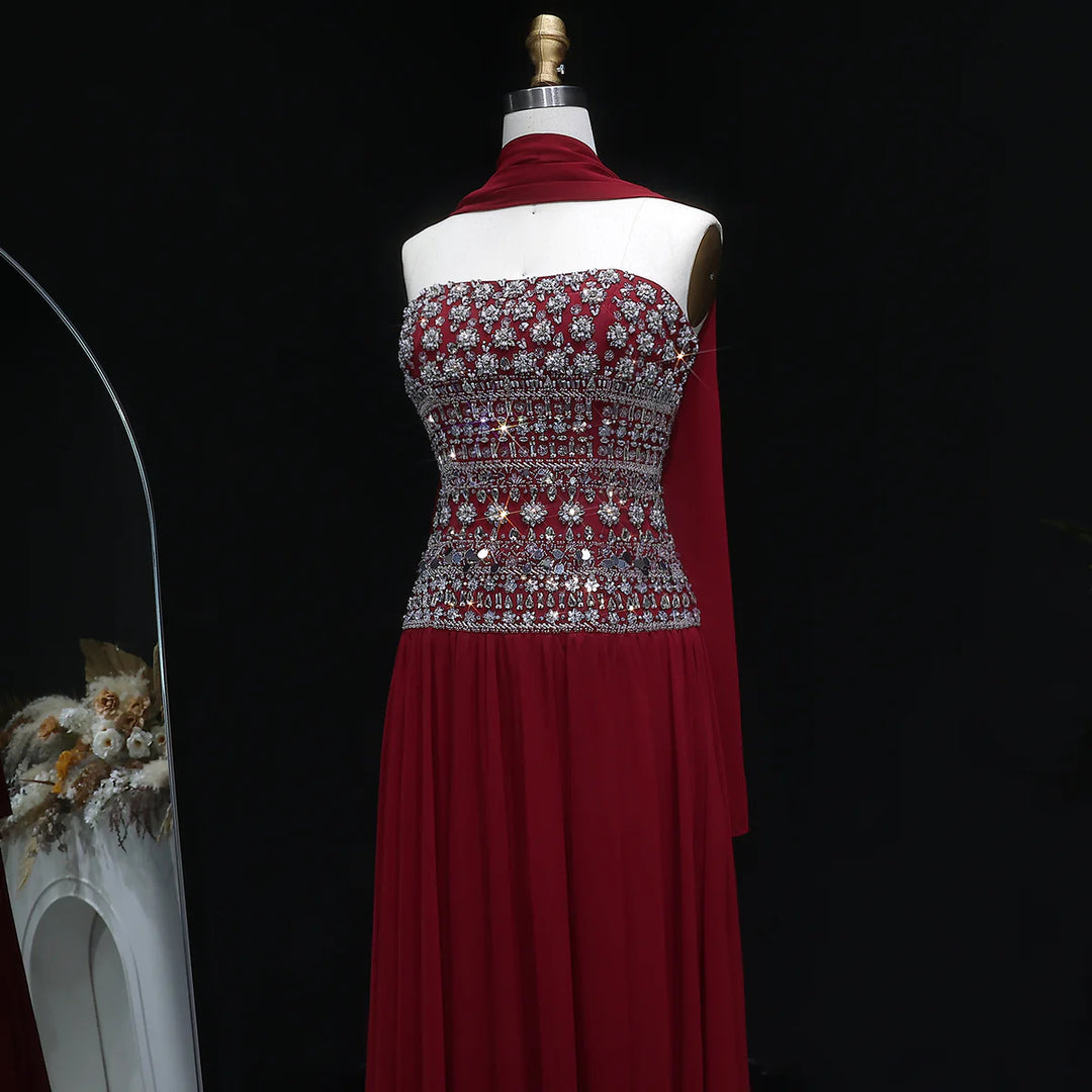 Strapless Lilac Beaded Bodice Evening Dress with Flowing Skirt SS539