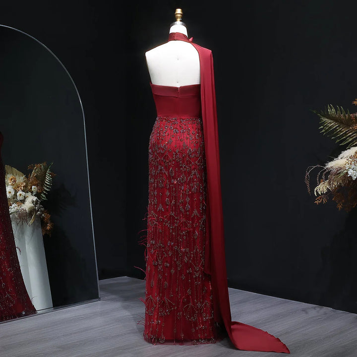 Luxury Sage Green Feathers Evening Dress with Scarf Cape SS014