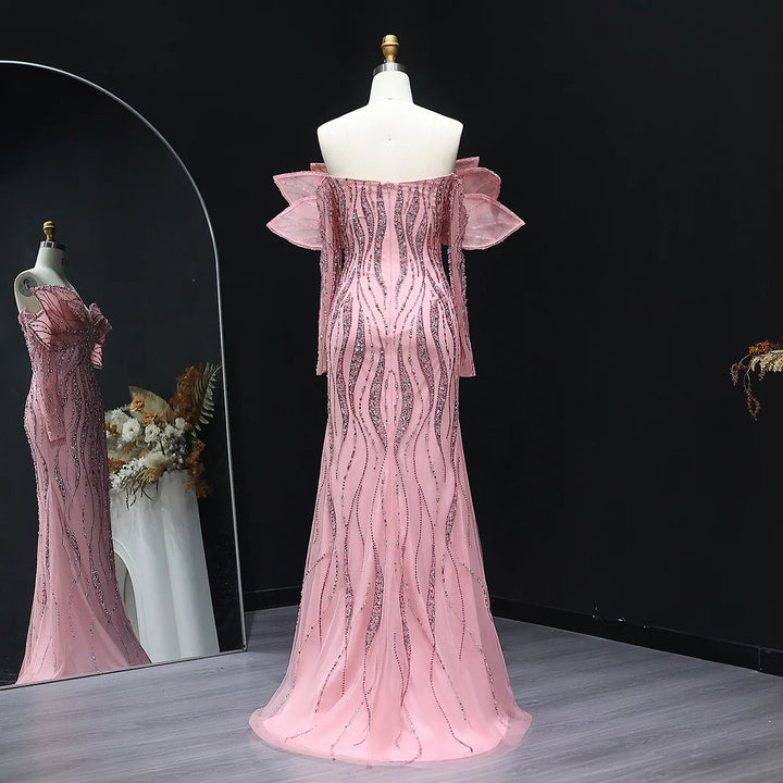 Luxury Pink Off-Shoulder bead Evening Dress with Oversized Bow XD015