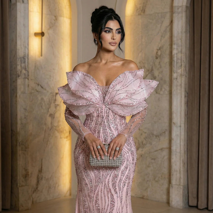 Luxury Pink Off-Shoulder bead Evening Dress with Oversized Bow XD015