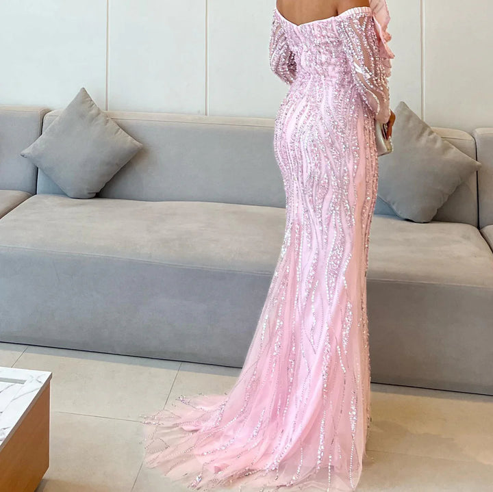 Luxury Pink Off-Shoulder bead Evening Dress with Oversized Bow XD015