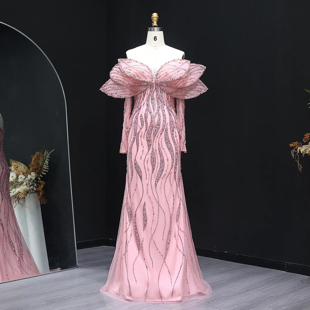 Luxury Pink Off-Shoulder bead Evening Dress with Oversized Bow XD015
