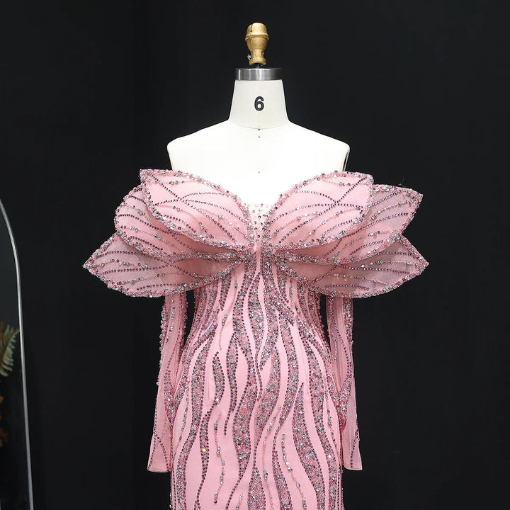 Luxury Pink Off-Shoulder bead Evening Dress with Oversized Bow XD015