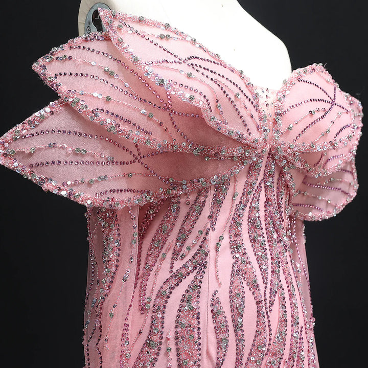 Luxury Pink Off-Shoulder bead Evening Dress with Oversized Bow XD015