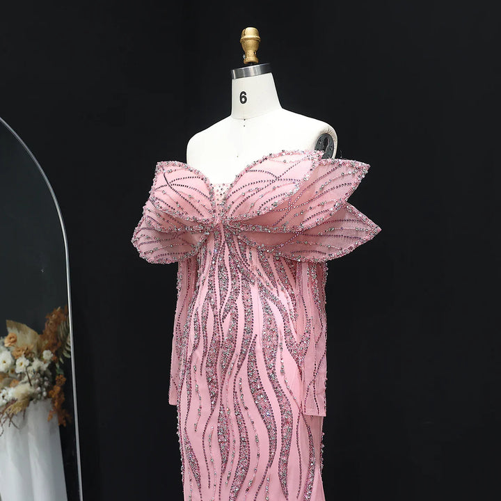 Luxury Pink Off-Shoulder bead Evening Dress with Oversized Bow XD015