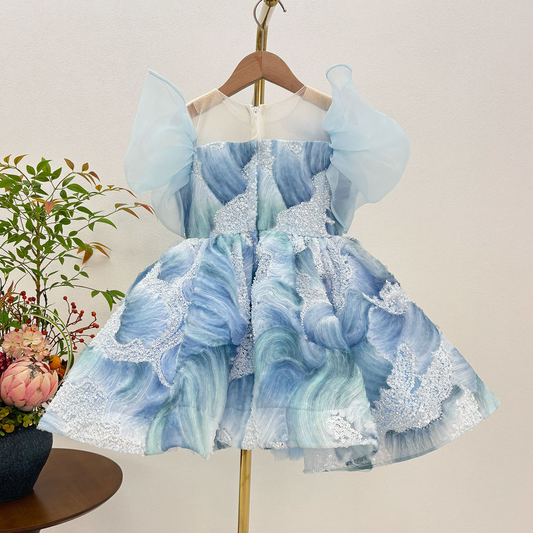 Blue Flower Girl Dress for Toddler Wedding Party Knee Length D132