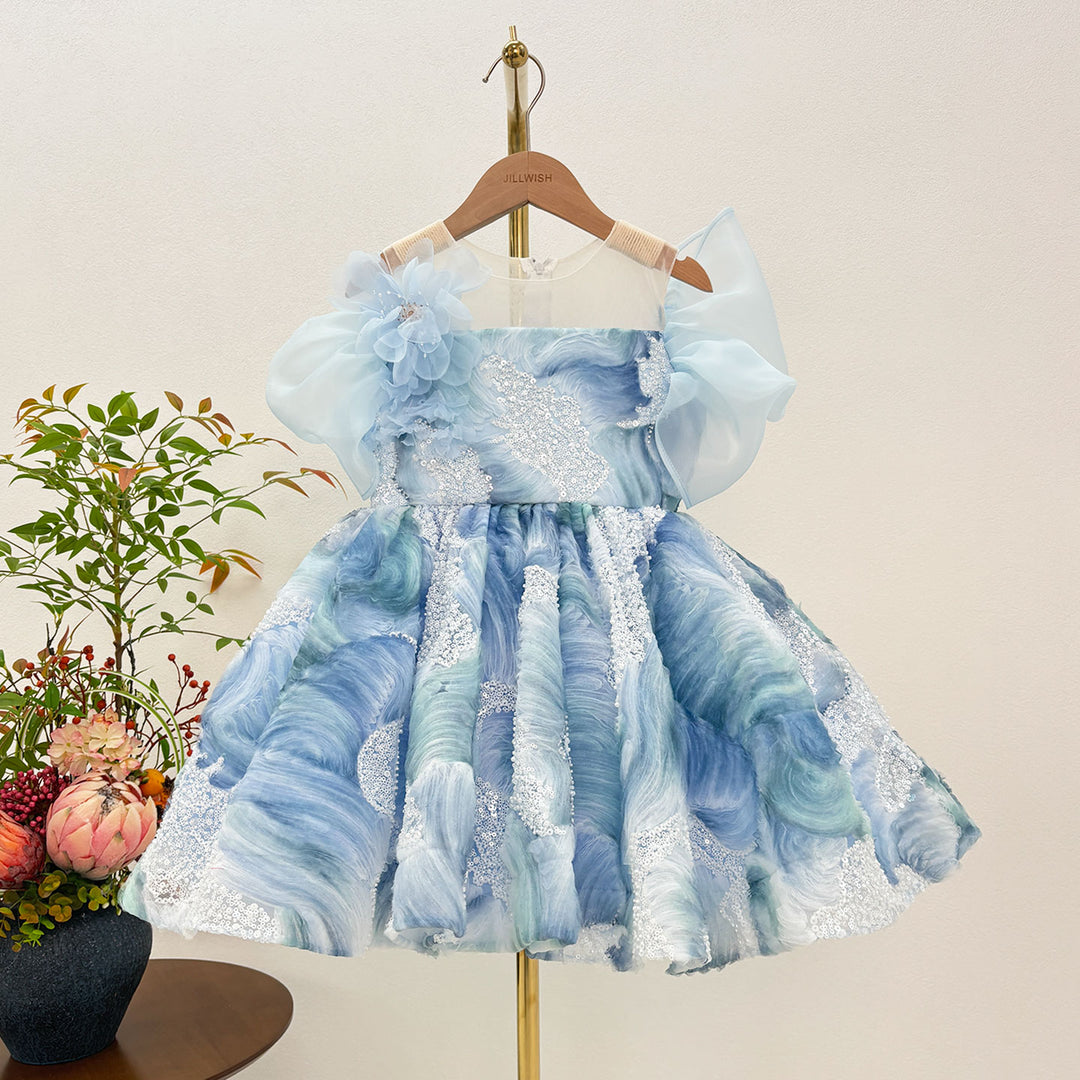 Blue Flower Girl Dress for Toddler Wedding Party Knee Length D132