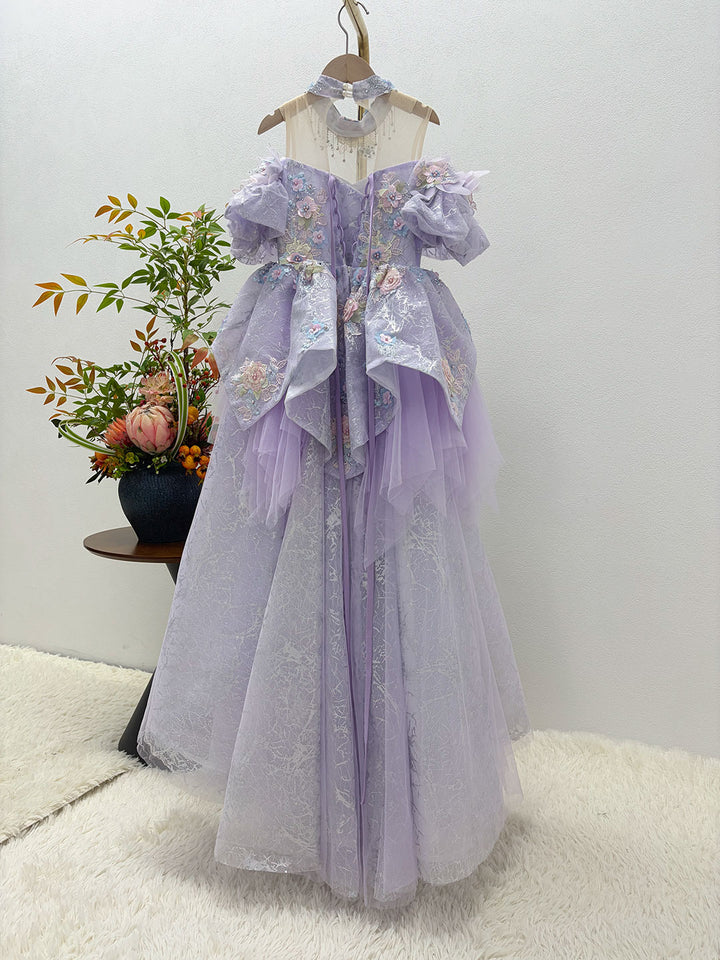 Luxury Lilac 3D Flowers Girl Dress for Kids Birthday Pageant J347