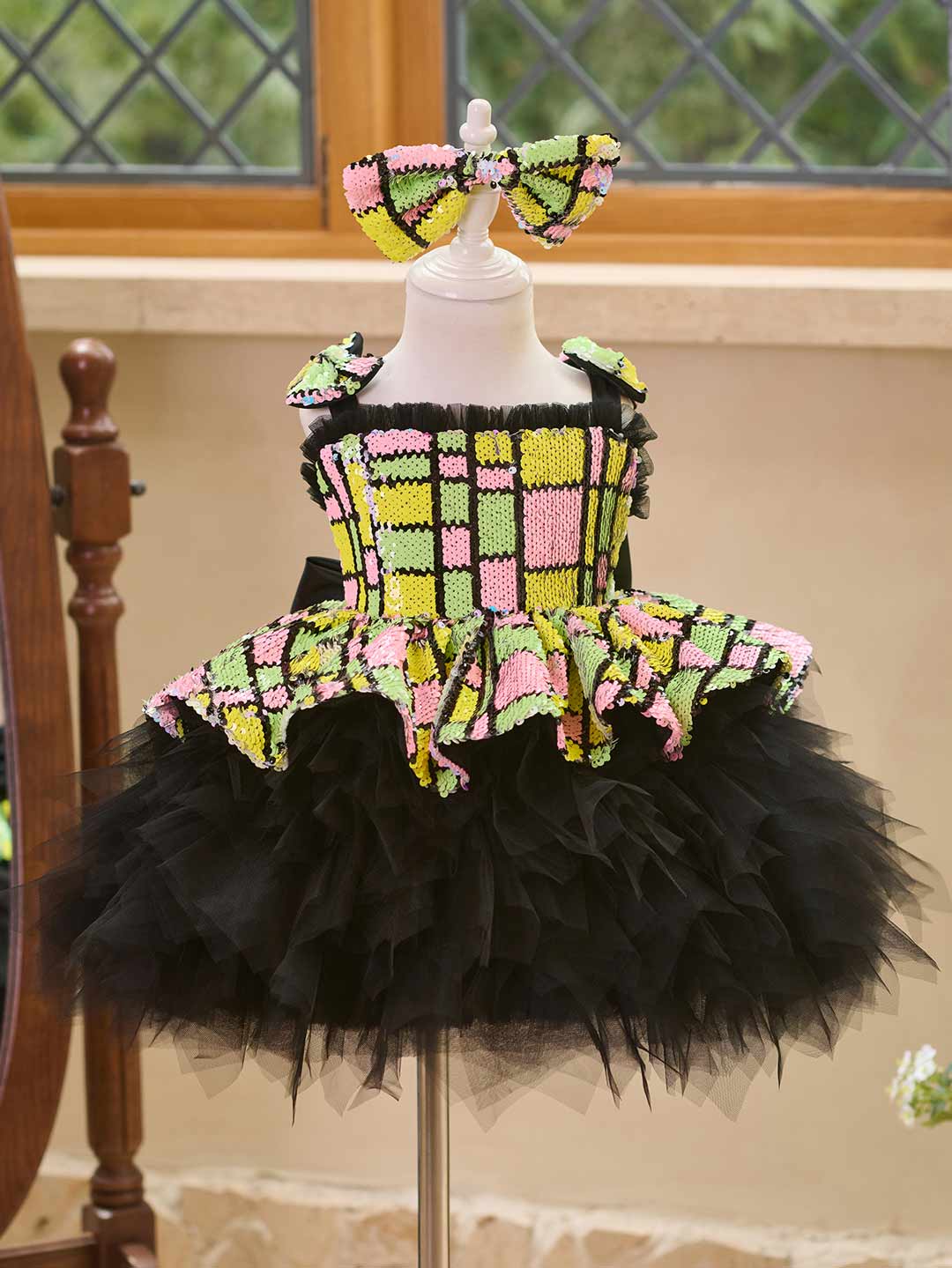 Colorful Sequin Bow Tulle Girls Birthday Dress J520