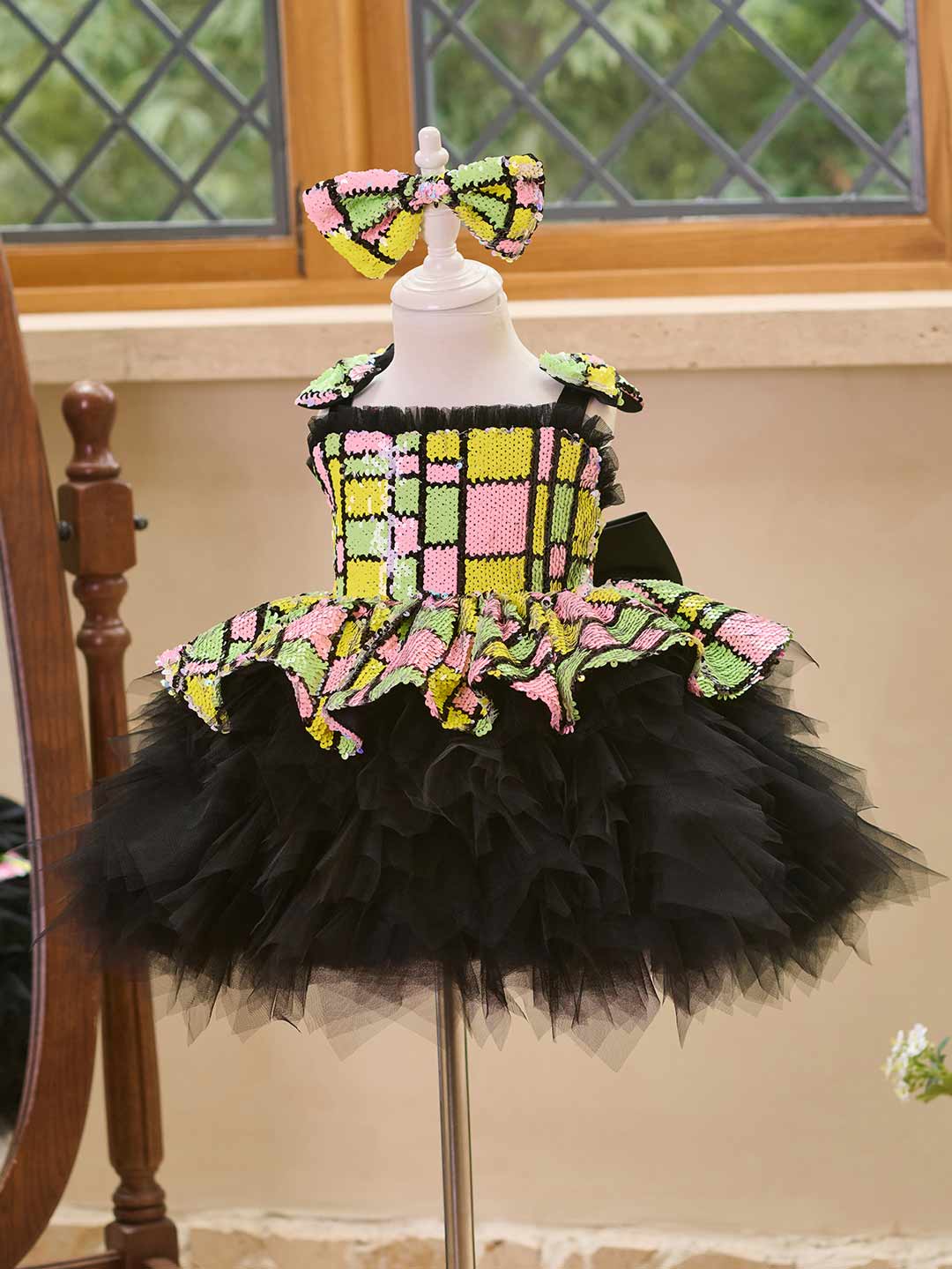Colorful Sequin Bow Tulle Girls Birthday Dress J520