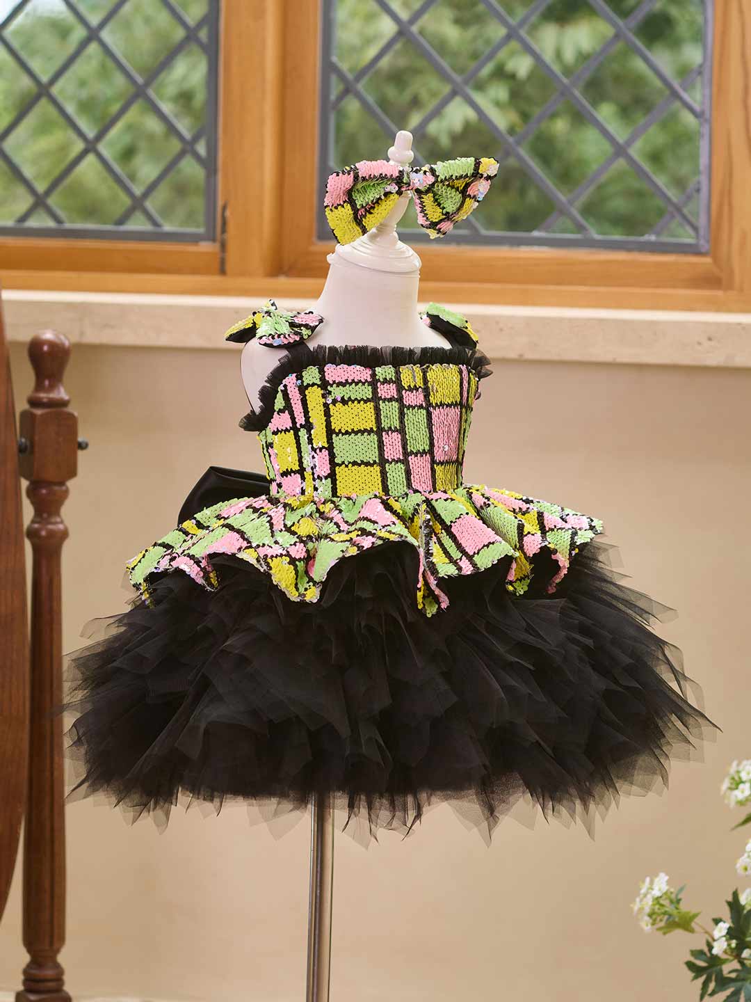 Colorful Sequin Bow Tulle Girls Birthday Dress J520